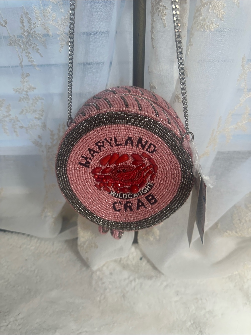 Made in India Maryland crab beaded round crossbody bag